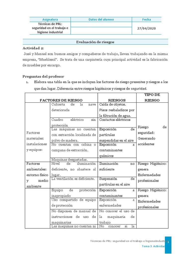Evaluación de Riesgos en Carpintería | PDF | Seguridad y salud ...
