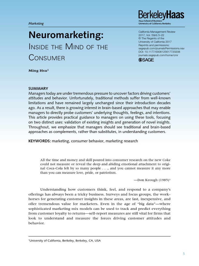 Neuromarketing:: Nside The Ind of The Onsumer | PDF | Functional ...