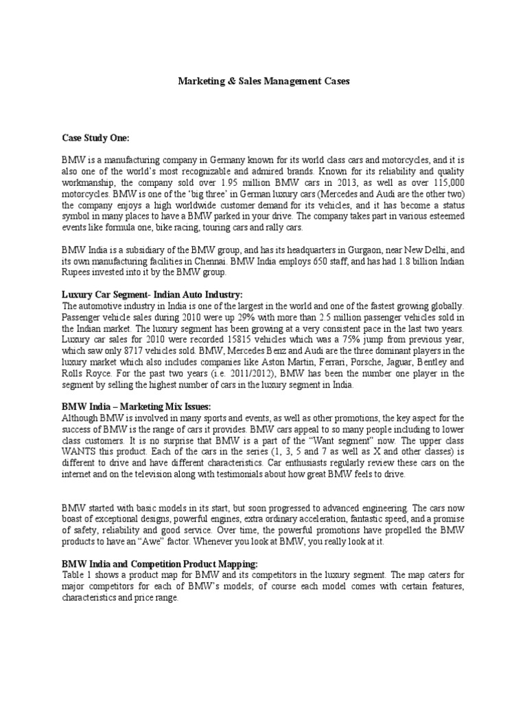 Marketing & Sales Management Cases: Case Study One | PDF | Bmw | Luxury ...