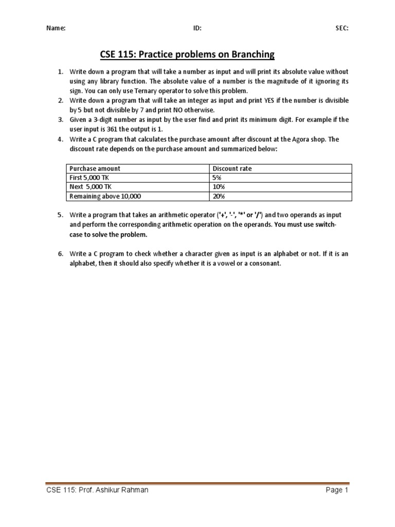 CSE 115 Branching Practice Problems | PDF