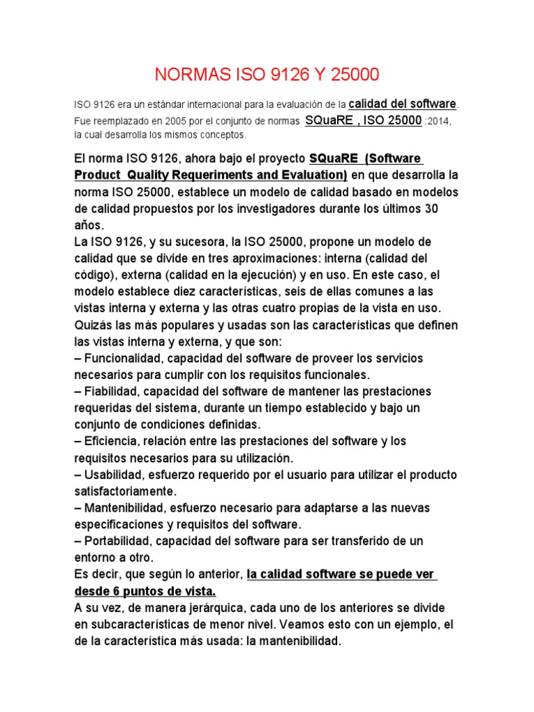 Normas ISO 9126 y 25000: Calidad del Software | PDF | Organización ...