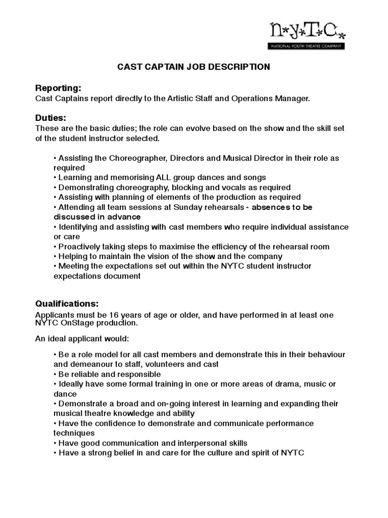 Cast Captain Job Description Reporting Discussed in Advance PDF