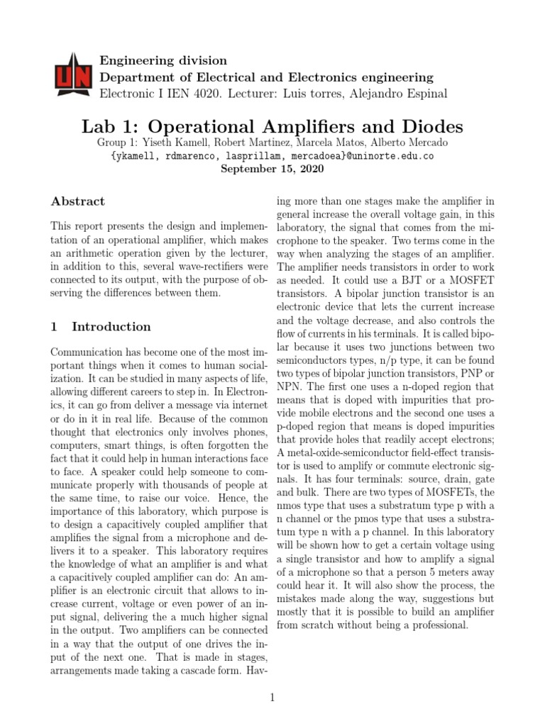 Lab 1 Operational Amplifiers and Diodes Electronic I IEN 4020