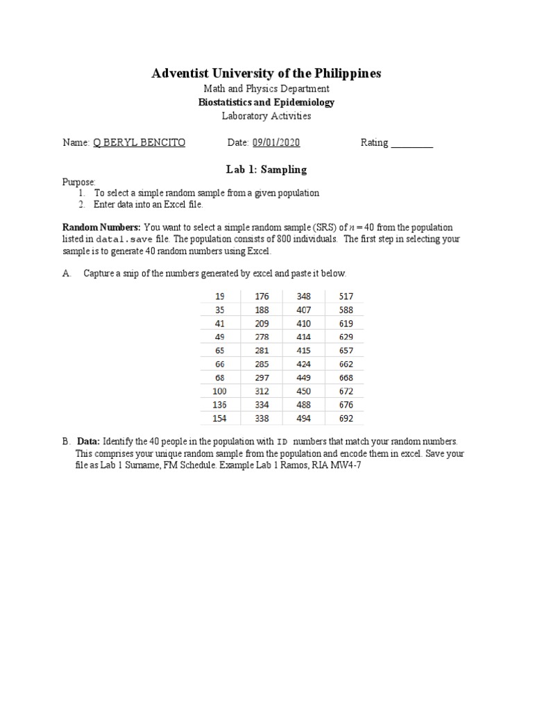 Biostatistics Lab: Random Sampling Guide | PDF