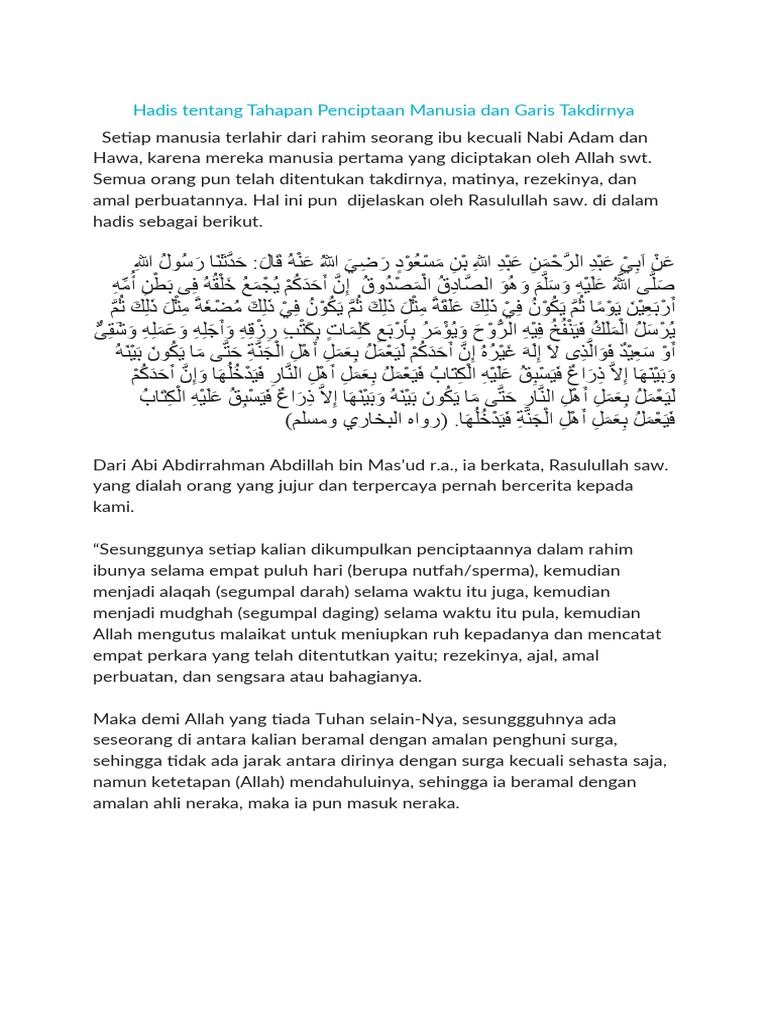 Hadis Tentang Tahapan Penciptaan Manusia Dan Garis Takdirnya Pdf