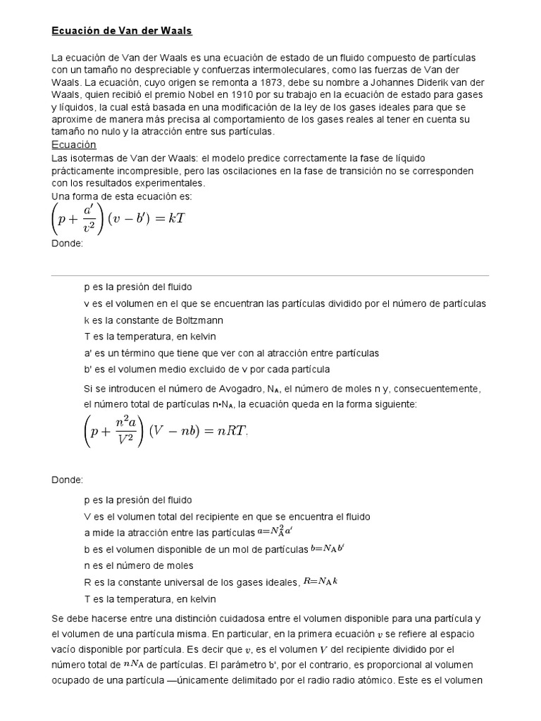 Ecuación de Van Der Waals | Descargar gratis PDF | Gases | Física teórica