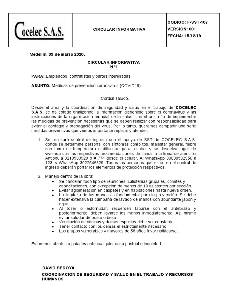 Circular Informativa sobre COVID-19 | PDF | Lavado de manos | Ciencias ...