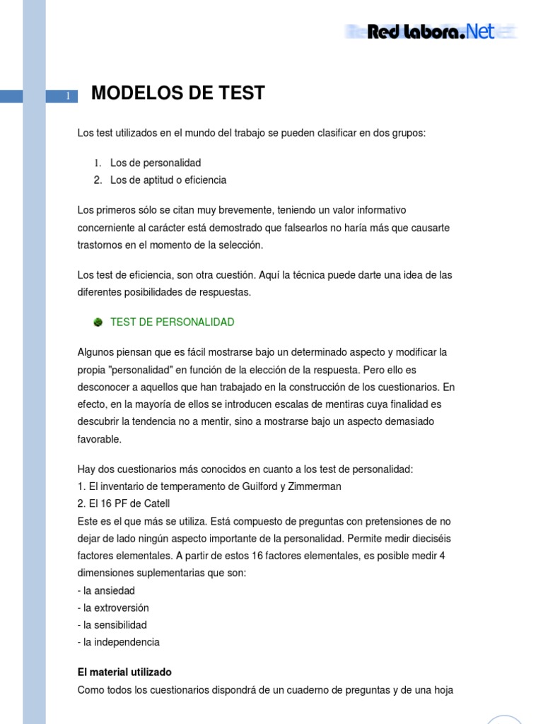 Modelos de Test de Selección Laboral | PDF | Cociente de inteligencia ...