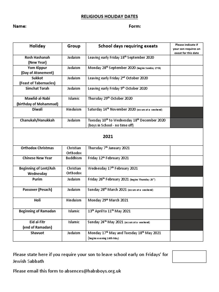 Religious Holidays Request Form