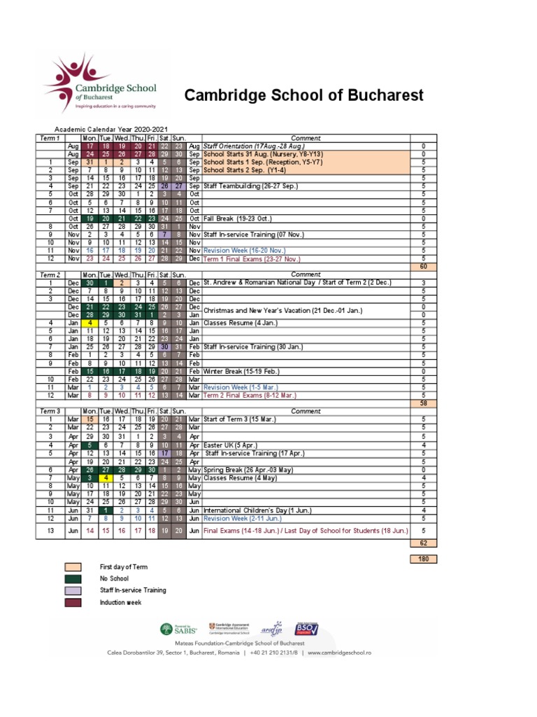 Cambridge School of Bucharest: Academic Calendar Year 2020-2021 | PDF