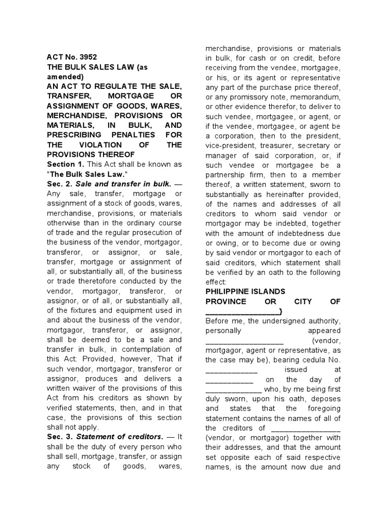Bulk Sales Law PDF Mortgage Law Assignment (Law)