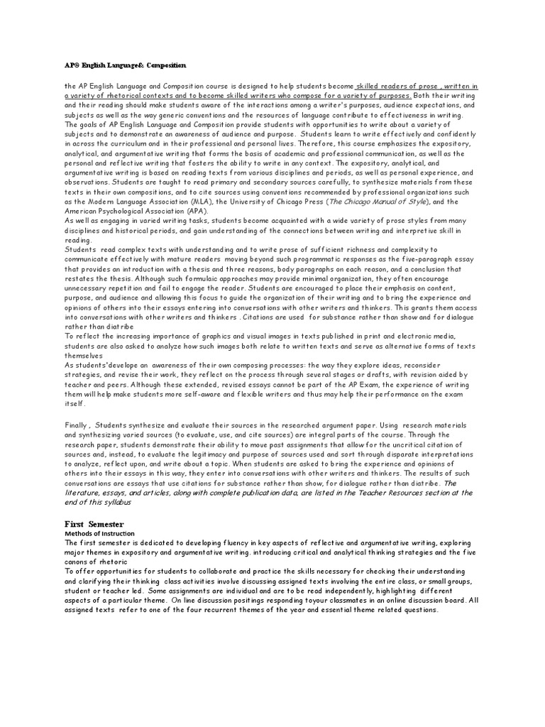 AP English Language and Composition Syllabus | PDF | English Studies ...