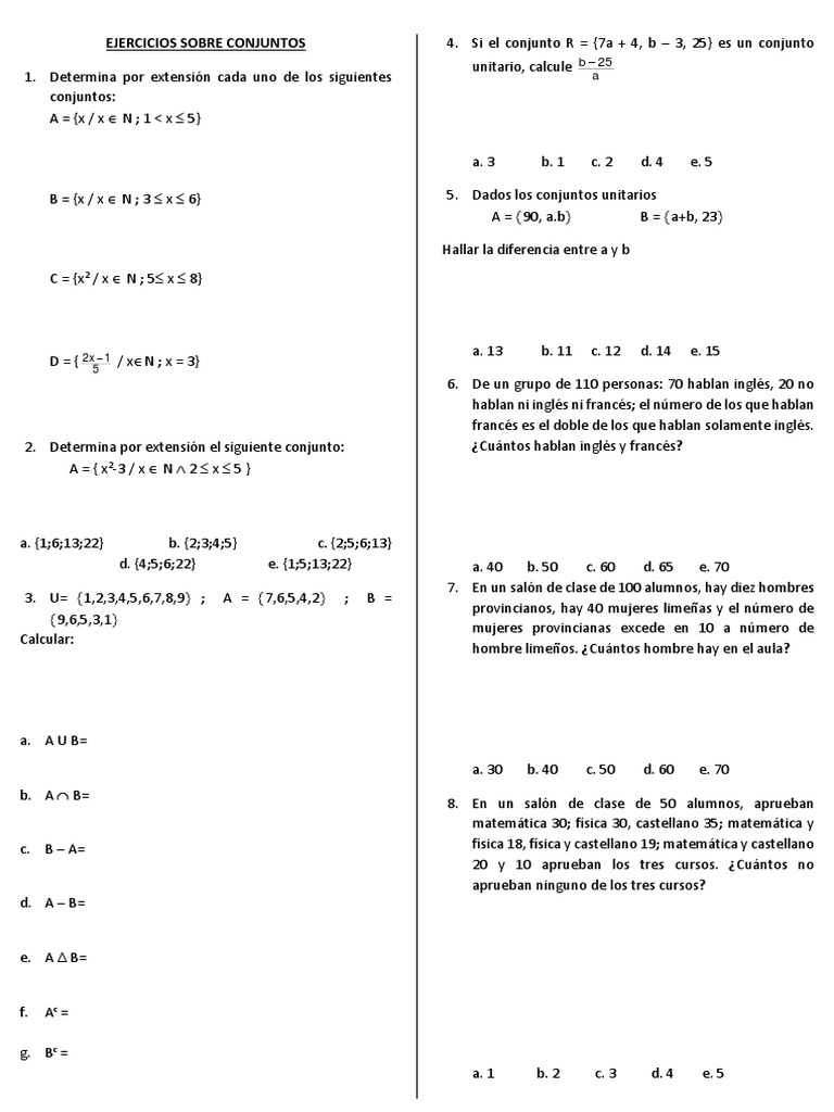 Ejercicios de Conjuntos y Operaciones | PDF | Science | Enseñanza de ...