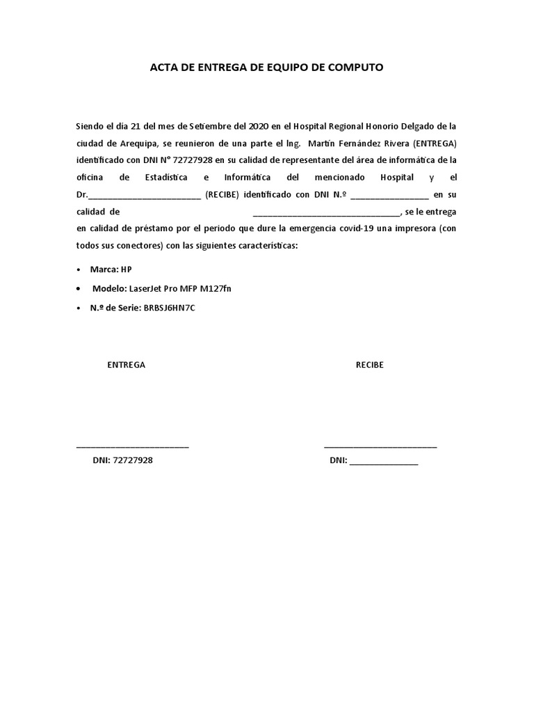 Acta de Entrega de Equipo de Computo | PDF