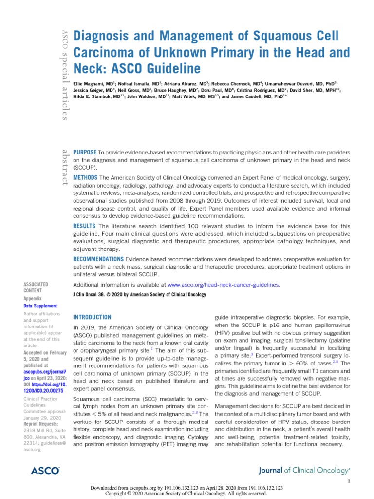 Diagnosis and Management of Squamous Cell Carcinoma of Unknown Primary