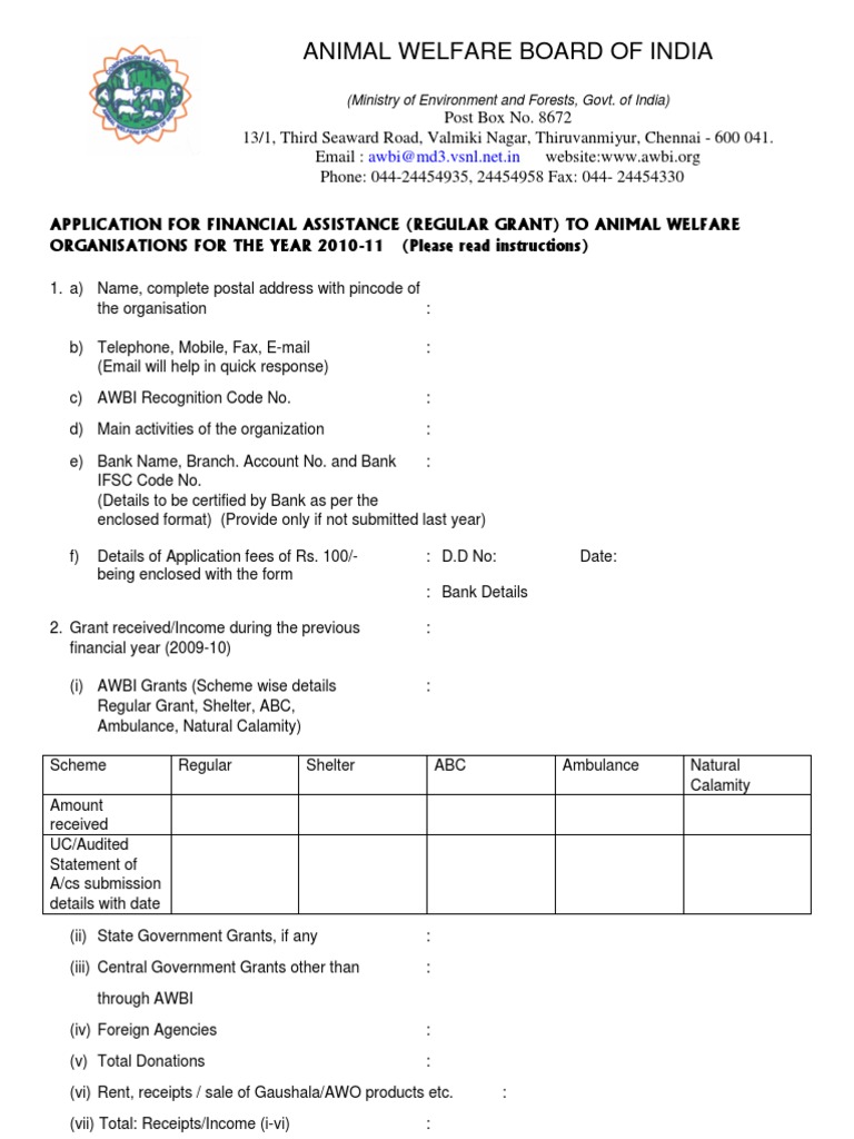 Application Form For Regular Grant From Animal Welfare Board PDF