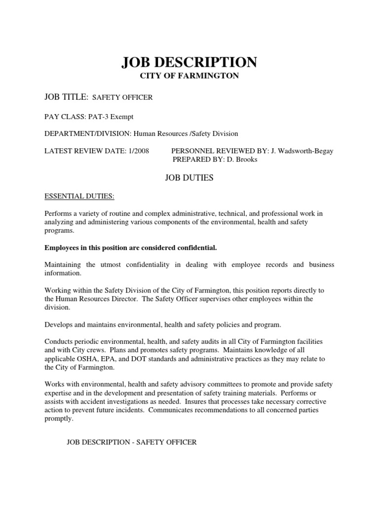 Job Description Occupational Safety And Health Administration