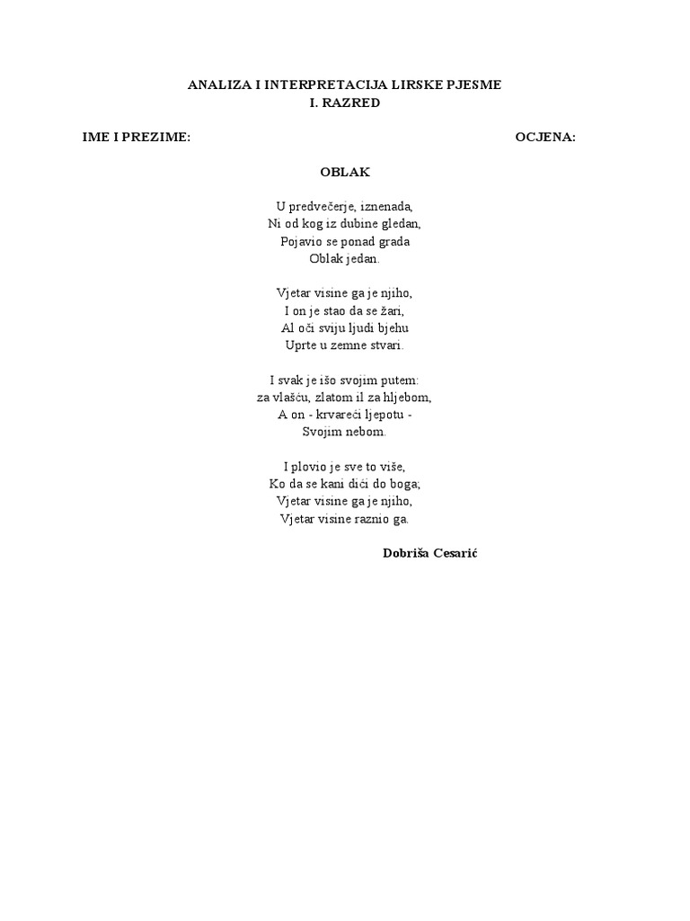 Analiza I Interpretacija Lirske Pjesme | PDF