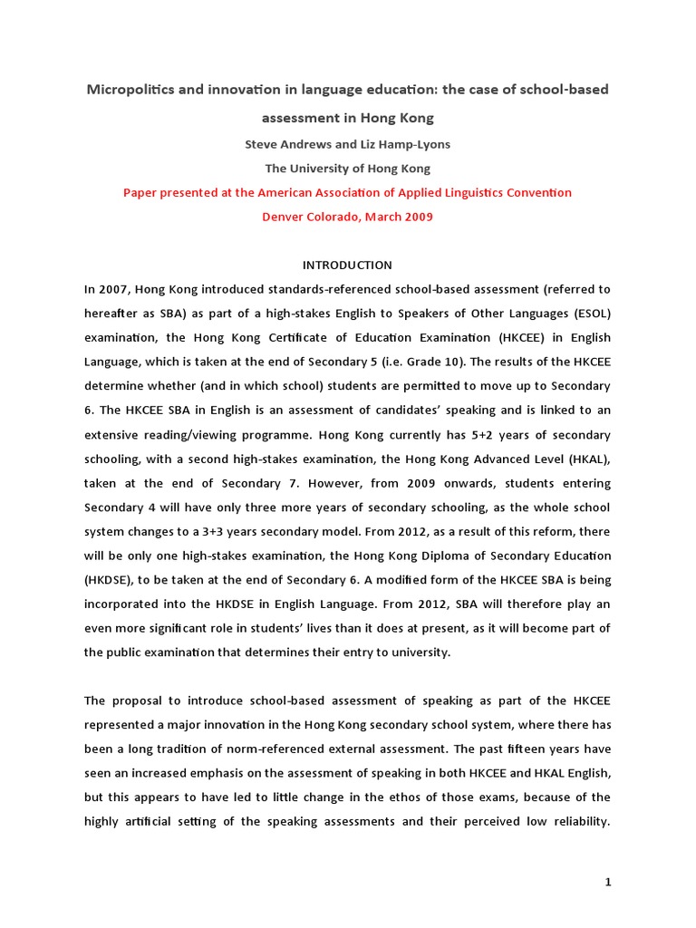SBA Implementation in Hong Kong Schools | PDF | Teachers | Case Study