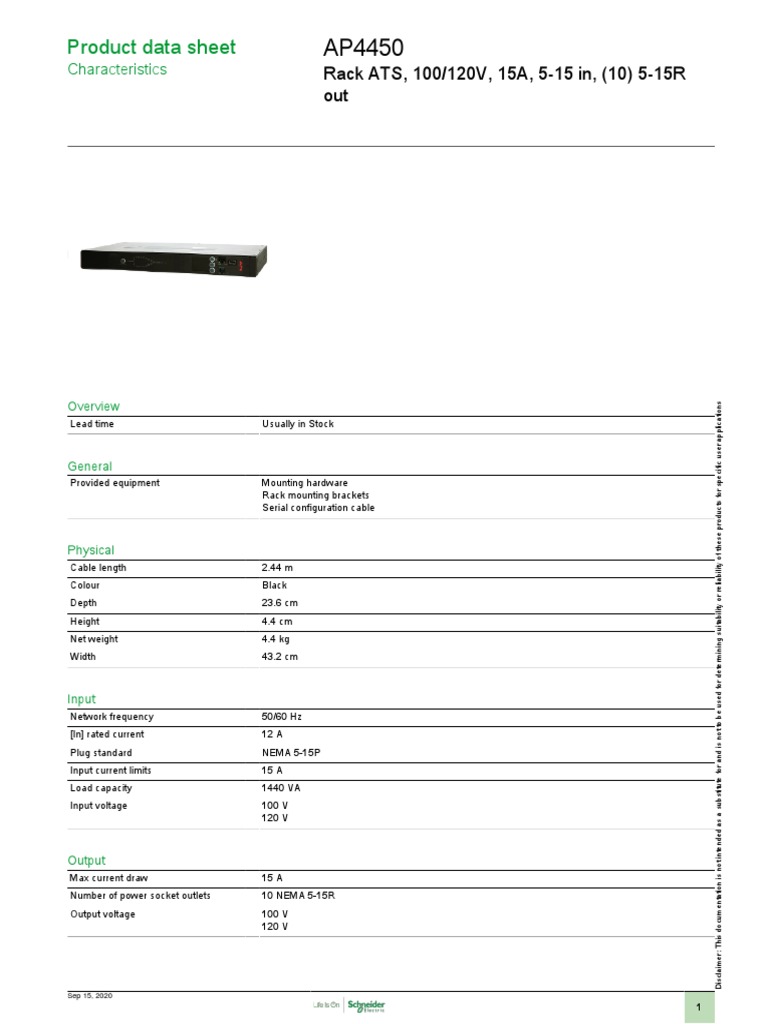 Product Data Sheet: Rack ATS, 100/120V, 15A, 5-15 In, (10) 5-15R Out ...
