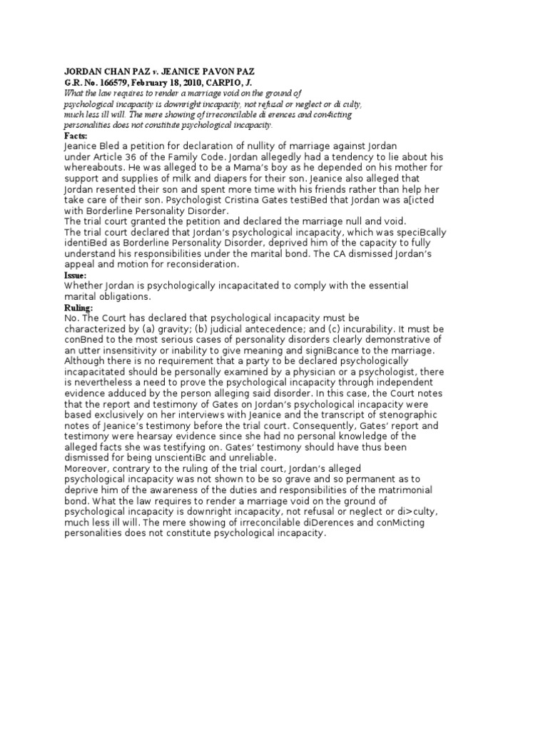 Marriage Nullity: Psychological Incapacity | PDF | Hearsay In United ...
