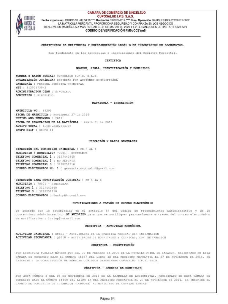 Certificado Camara de Comercio PDF | PDF | Sociedad de responsabilidad ...