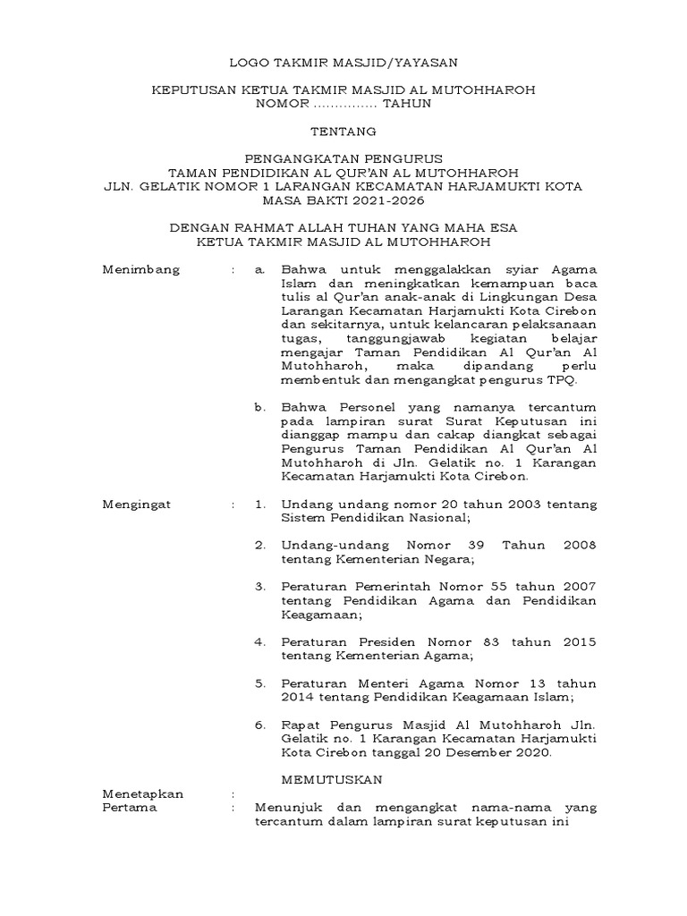 SK Pengangkatan Pengurus TPQ