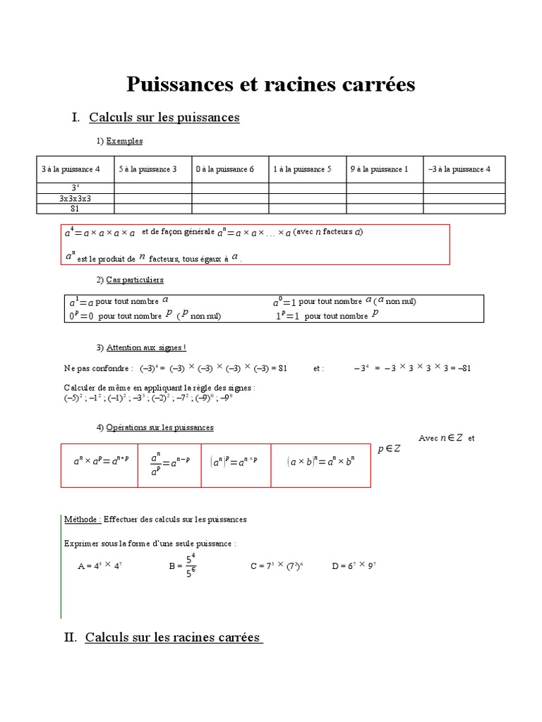 Puissances et Racines Carrées: Cours | PDF | Racine carrée | Théorie ...