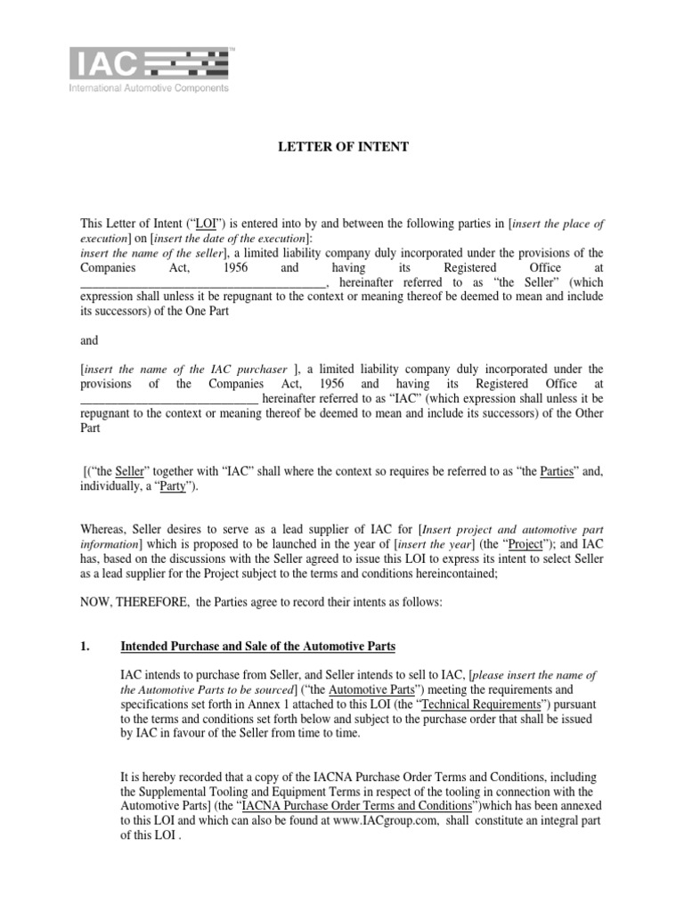 Letter of Intent: 1. Intended Purchase and Sale of The Automotive Parts ...