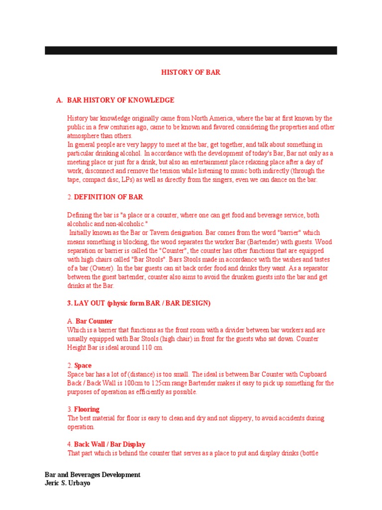 History of Bar Bar and Beverages Development Jeric S. Urbayo PDF