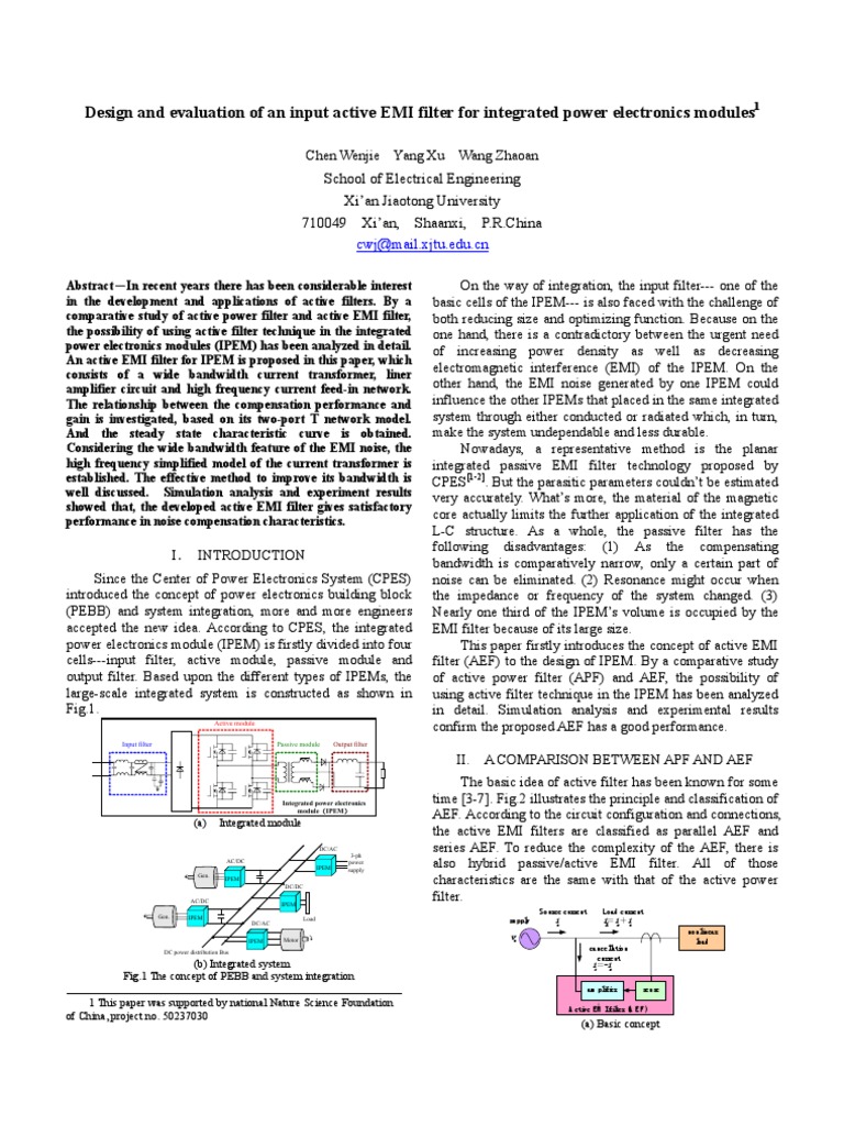 Design and Evaluation of An Input Active EMI Filter For Integrated ...