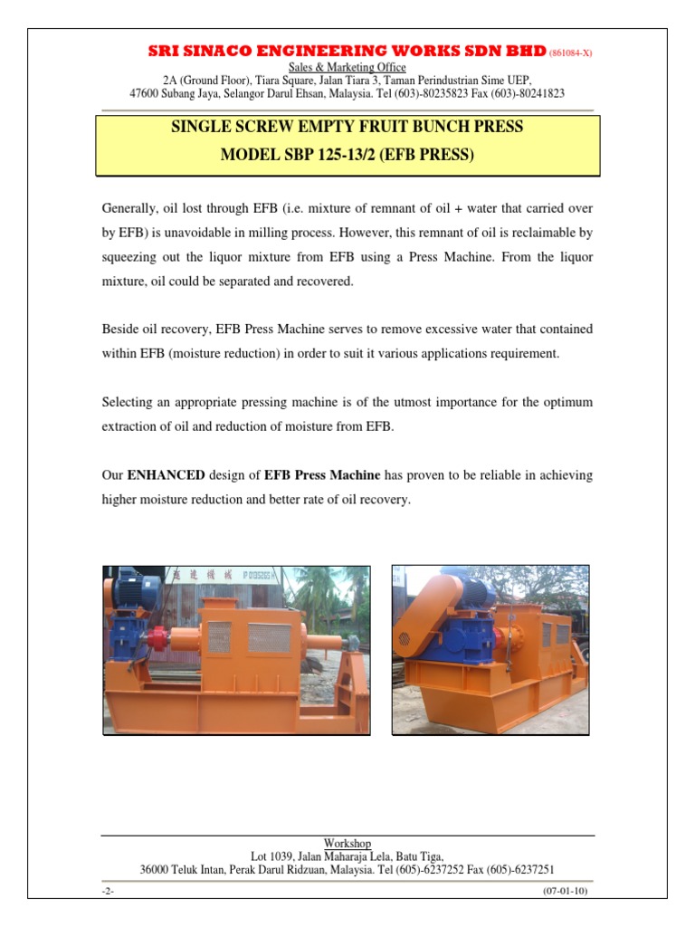 SINGLE SCREW EMPTY BUNCH PRESS, Sri Sinaco | PDF | Manufactured Goods ...