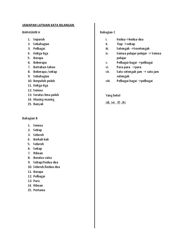 Jawapan Latihan Kata Bilangan Pdf