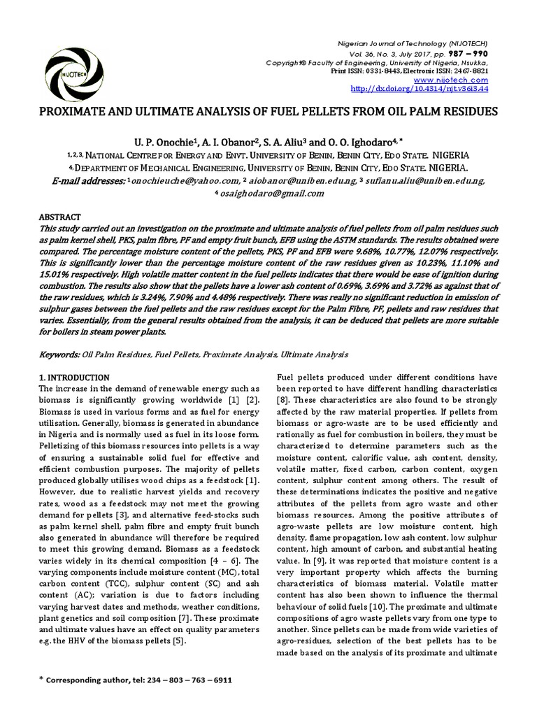 Proximate and Ultimate Analysis of Fuel Pellets From Oil Palm Residues ...