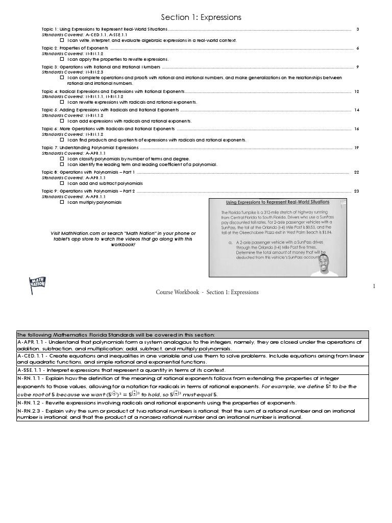 Algebraic Expressions Workbook Section | PDF | Rational Number | Polynomial