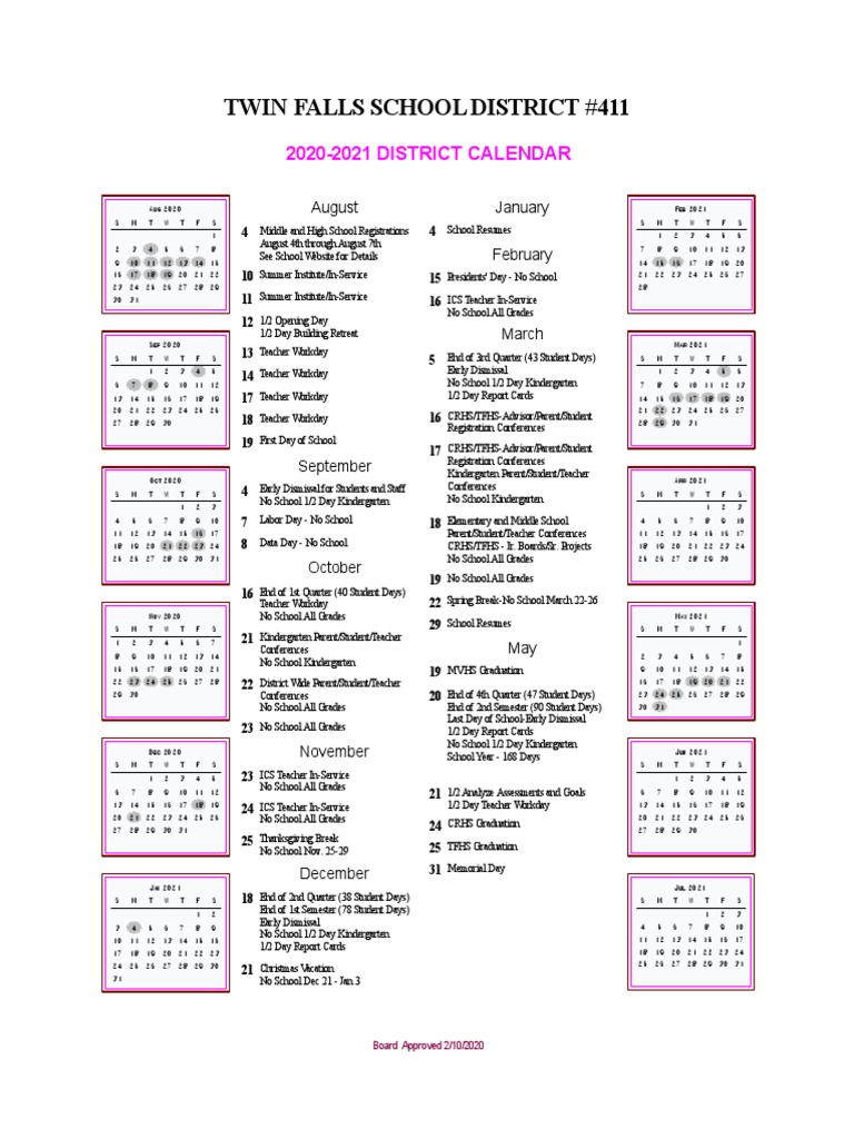 Twin Falls School District Calendar 2021 PDF Schools Students