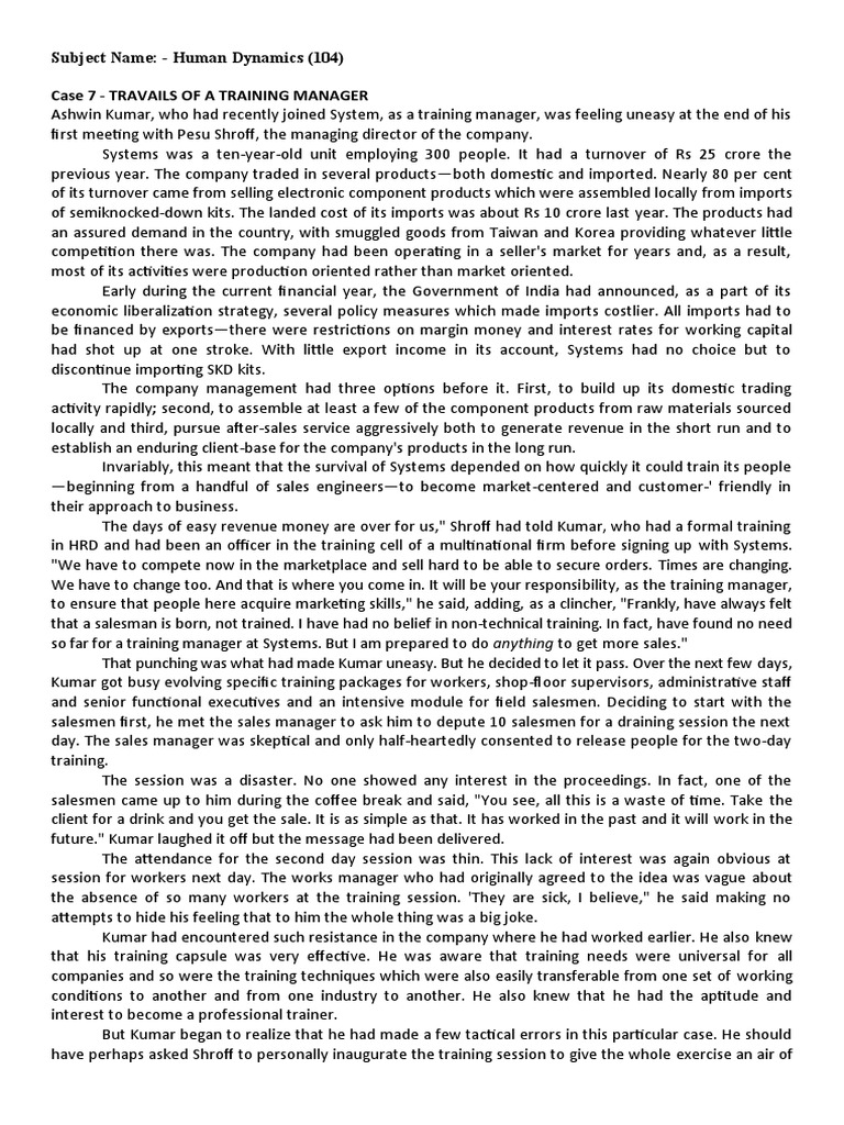 Subject Name Human Dynamics (104) Case 7 Travails of A Training