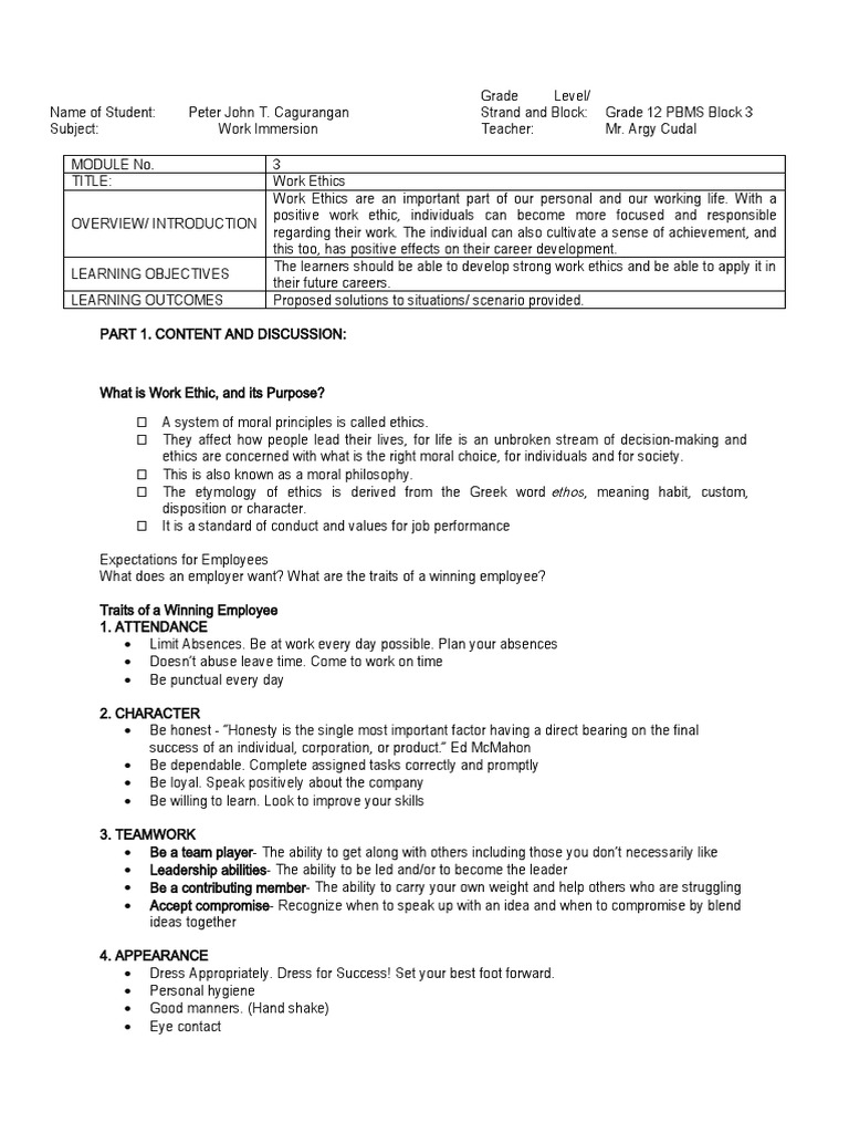 Work Ethics in Grade 12 Immersion Module | PDF | Employment | Learning