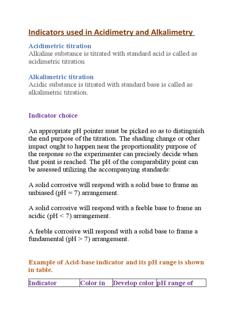Indicators Used in Acidimetry and Alkalimetry Acidimetric Titration PDF