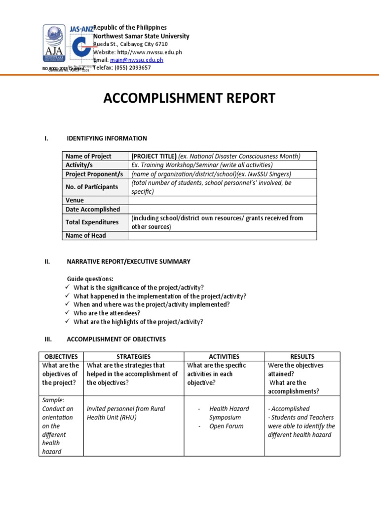 NWSSU Accomplishment Report Template | PDF | Public Sphere | Business