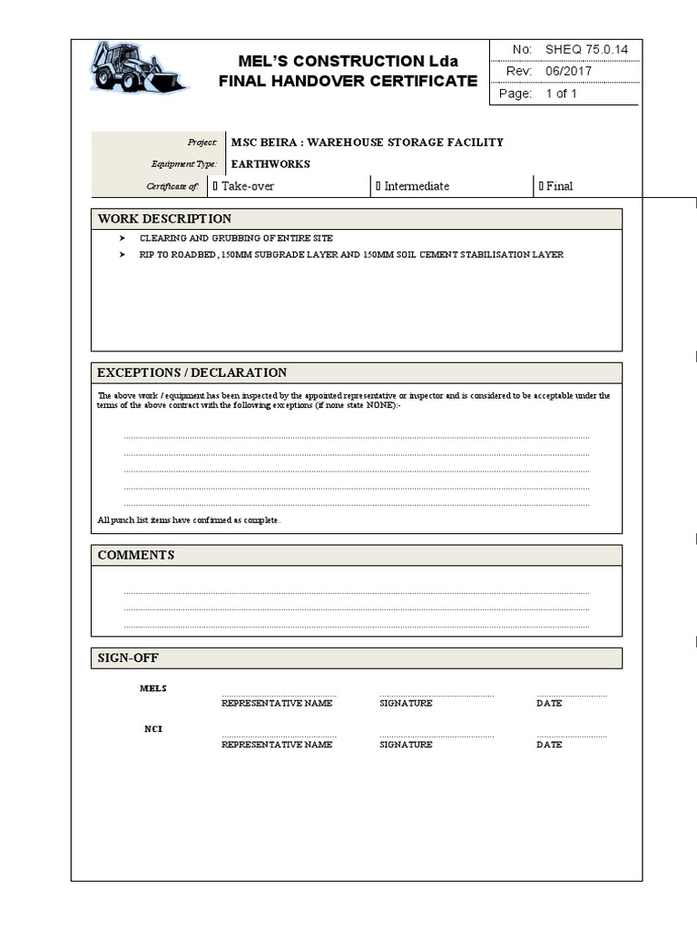 Final Handover Certificate Earthworks  PDF  Business
