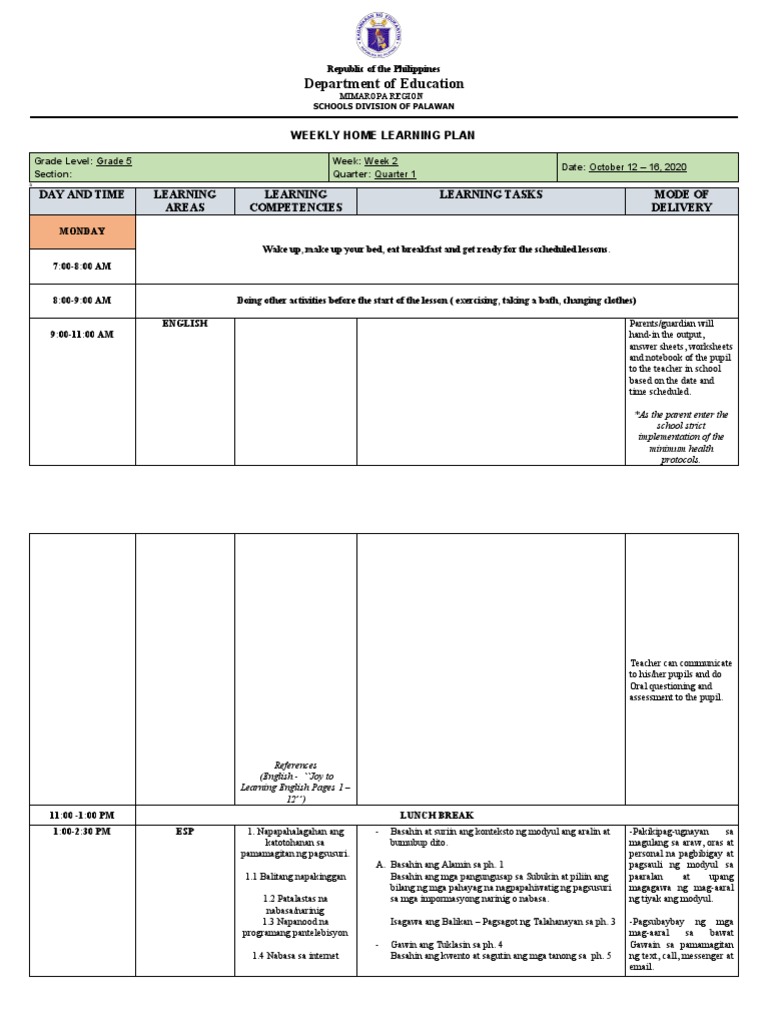 Weekly Home Learning Plan Q1 W2 | PDF