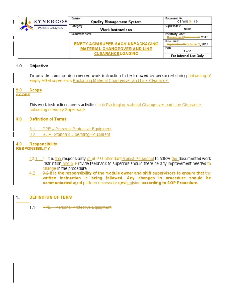 QS-WIN-3.1-0 Packaging Material Changeover Line Clearance | PDF ...
