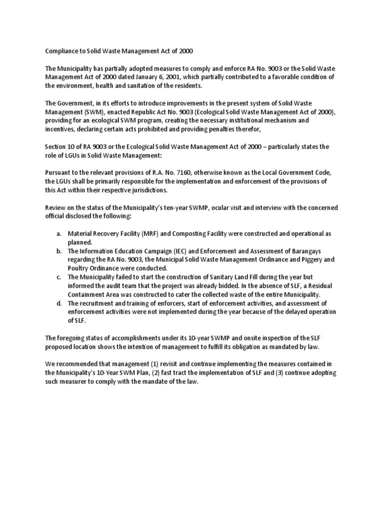 AOM On Compliance To Solid Waste Management Act of 2000 PDF Waste