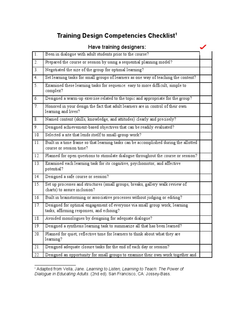 Training Design Competencies Checklist | PDF