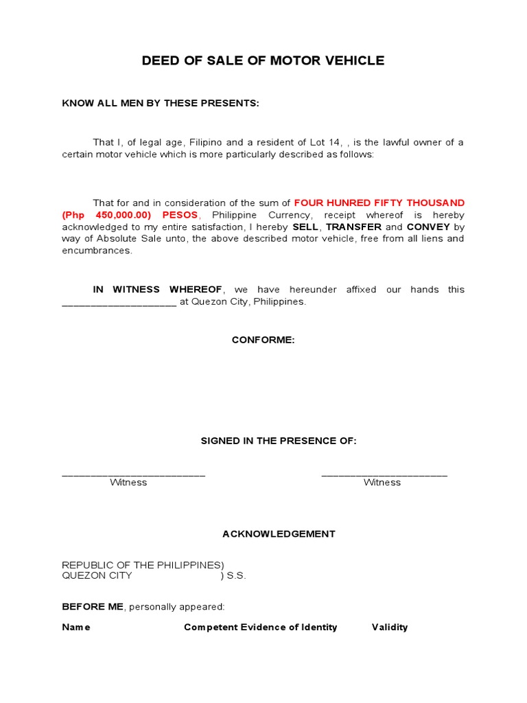 Deed of Sale for Motor Vehicle | PDF | Politics | Law