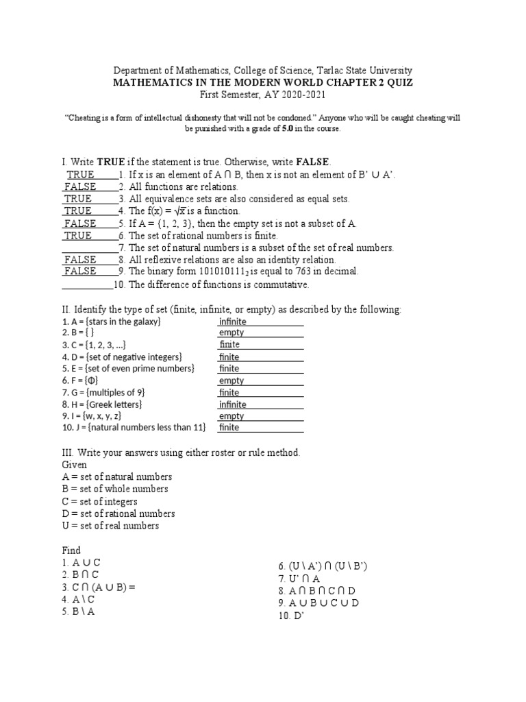 Chapter Quiz Converted Numbers Set Mathematics