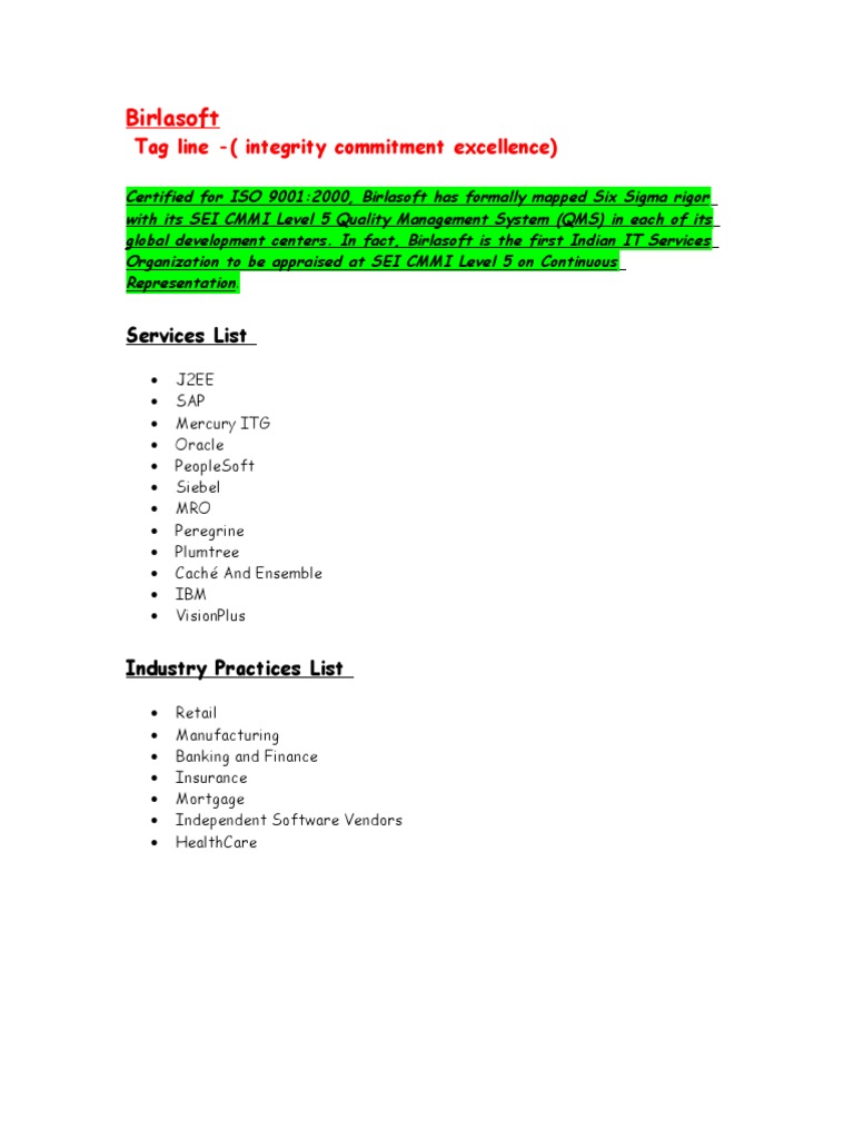 Profile Of Birlasoft Pdf Competence Human Resources Business