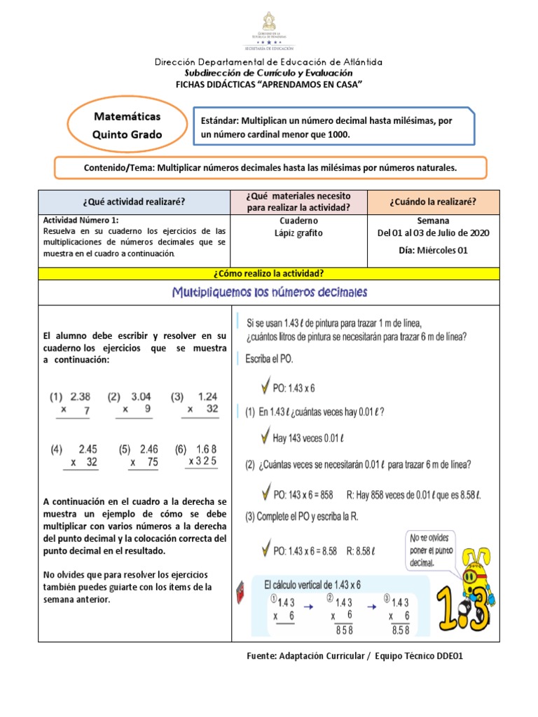 Actividades de Decimales para Quinto Grado | PDF | División ...