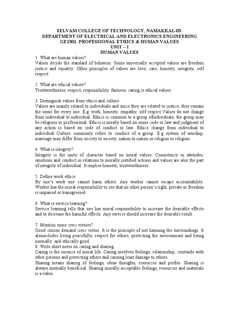 Professional Ethics & Human Values | PDF | Integrity | Risk